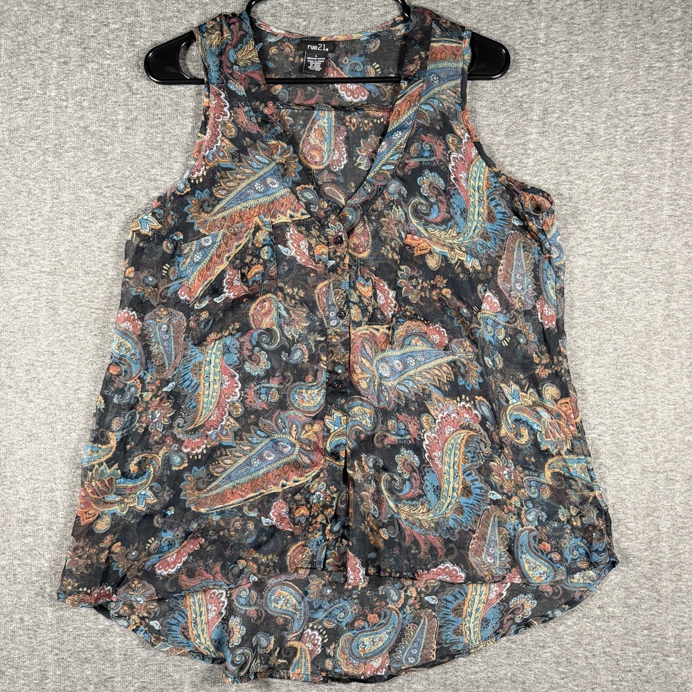 Rue21 Tunic Blouse Juniors L Paisley Sheer Sleeveless V Neck Multicolor Chiffon